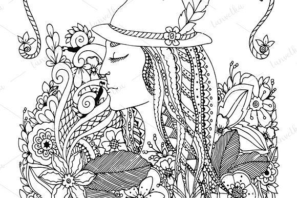 Doodle girl in hat and flowers. in Illustrations - product preview 1