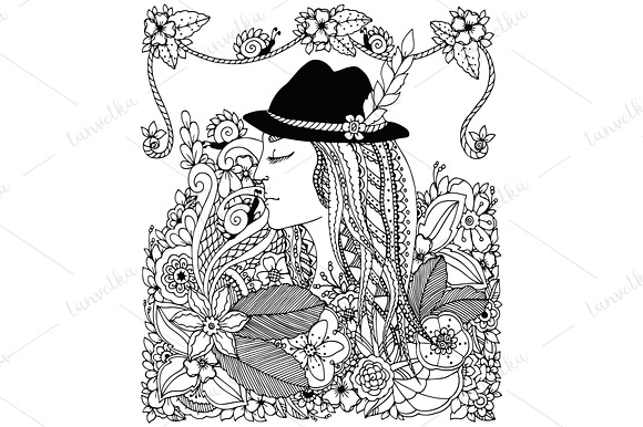 Doodle girl in hat and flowers. in Illustrations - product preview 2