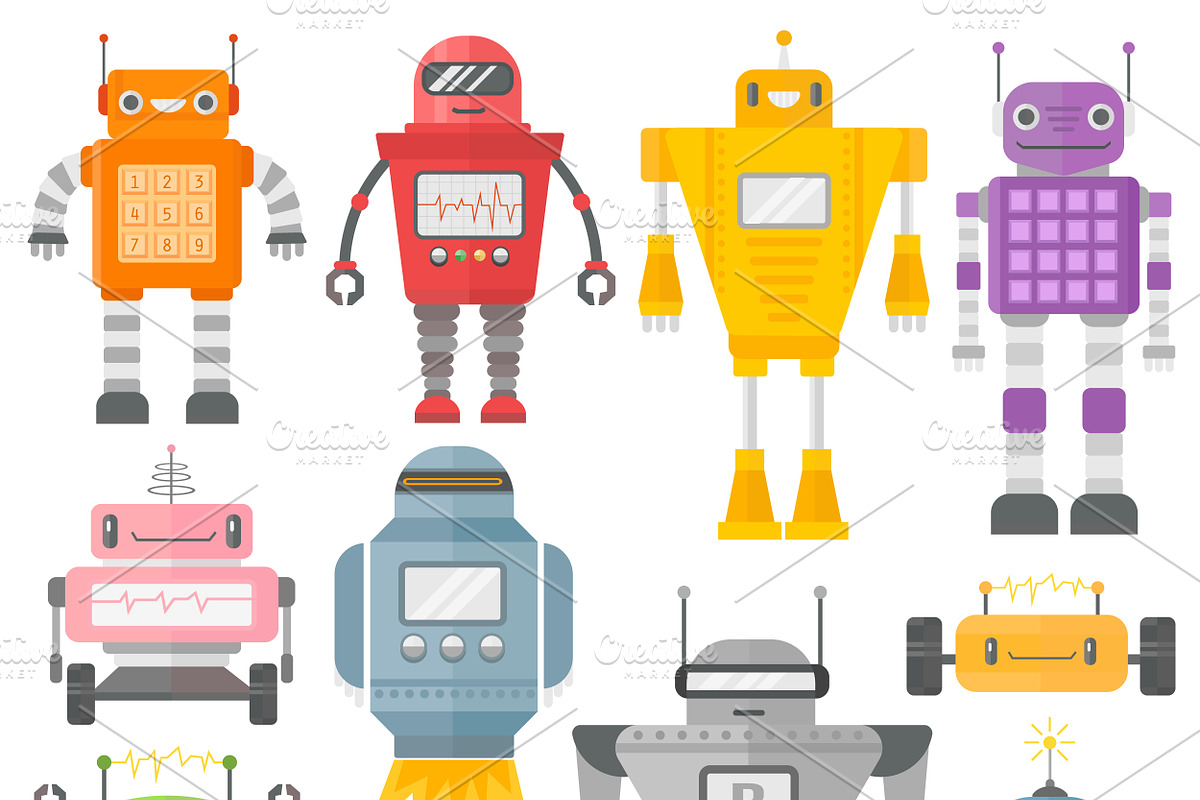 Set of cute vintage robots vector in Illustrations - product preview 8