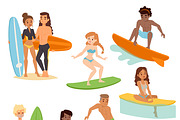 Surfing people vector set