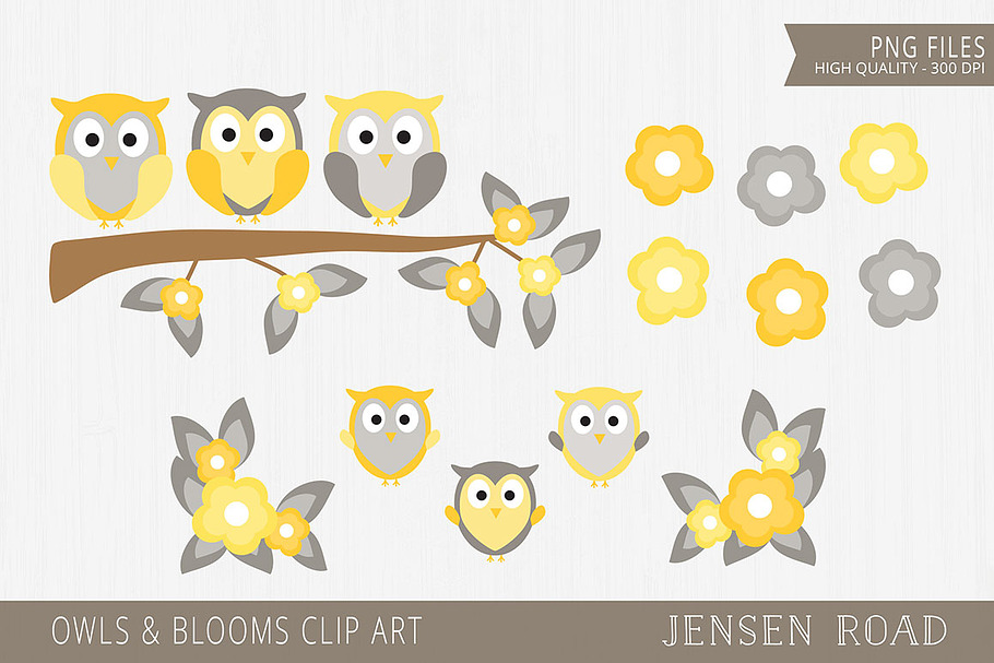 Owls & Blooms Clip Art