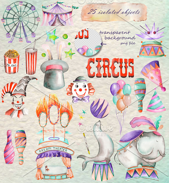Circus, watercolor collection in Illustrations - product preview 1