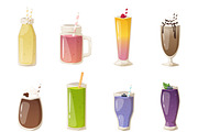 Smoothies drinks glasses vector set