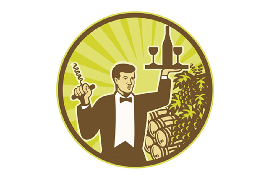 Waiter Serving Wine Grapes Barrel in Illustrations - product preview 8