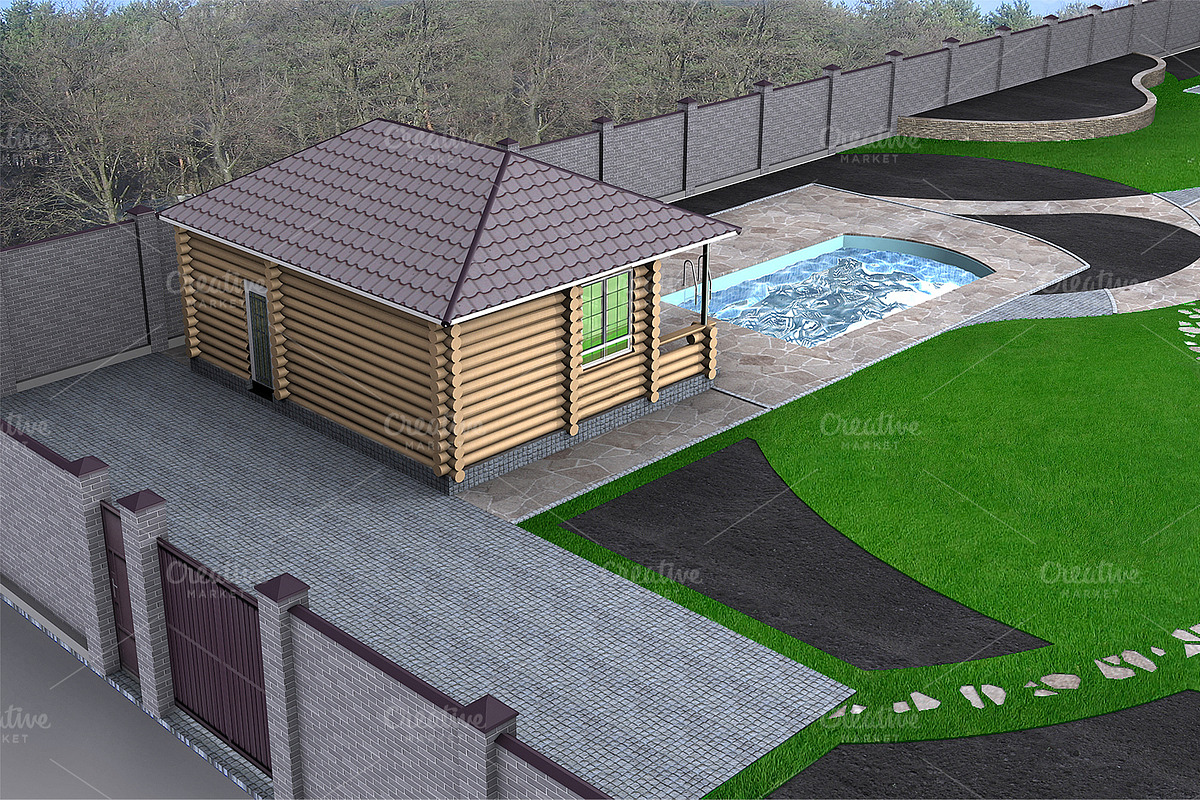 Log cabin aerial, 3d render in Illustrations - product preview 8