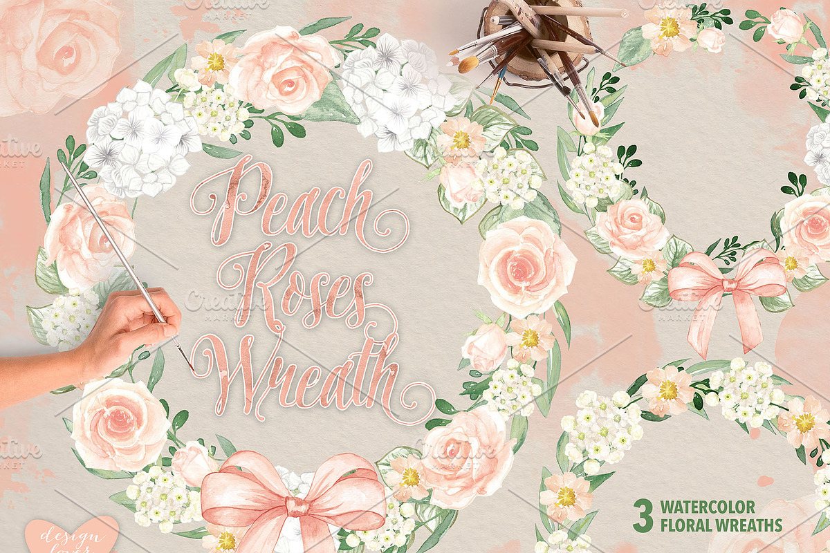 Watercolor peach roses wreaths in Illustrations - product preview 8