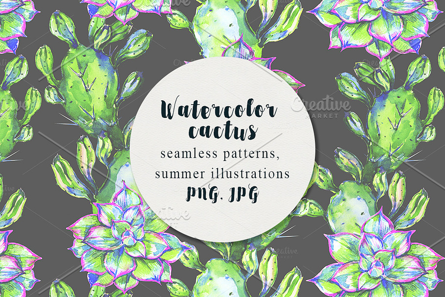Watercolor cactus seamless patterns in Patterns - product preview 8