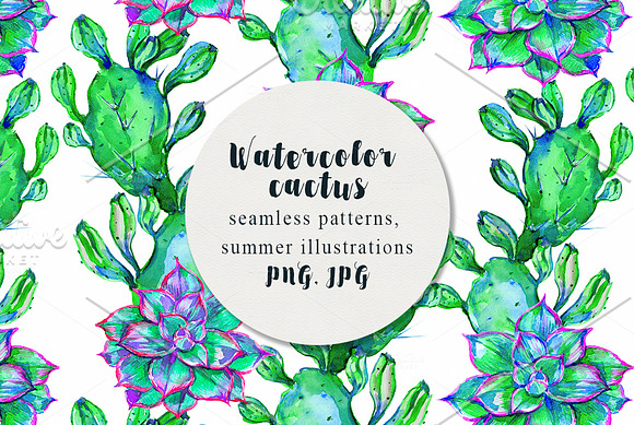 Watercolor cactus seamless patterns in Patterns - product preview 1