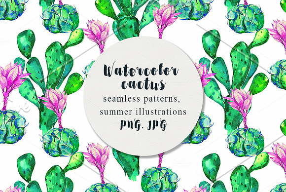 Watercolor cactus seamless patterns in Patterns - product preview 2
