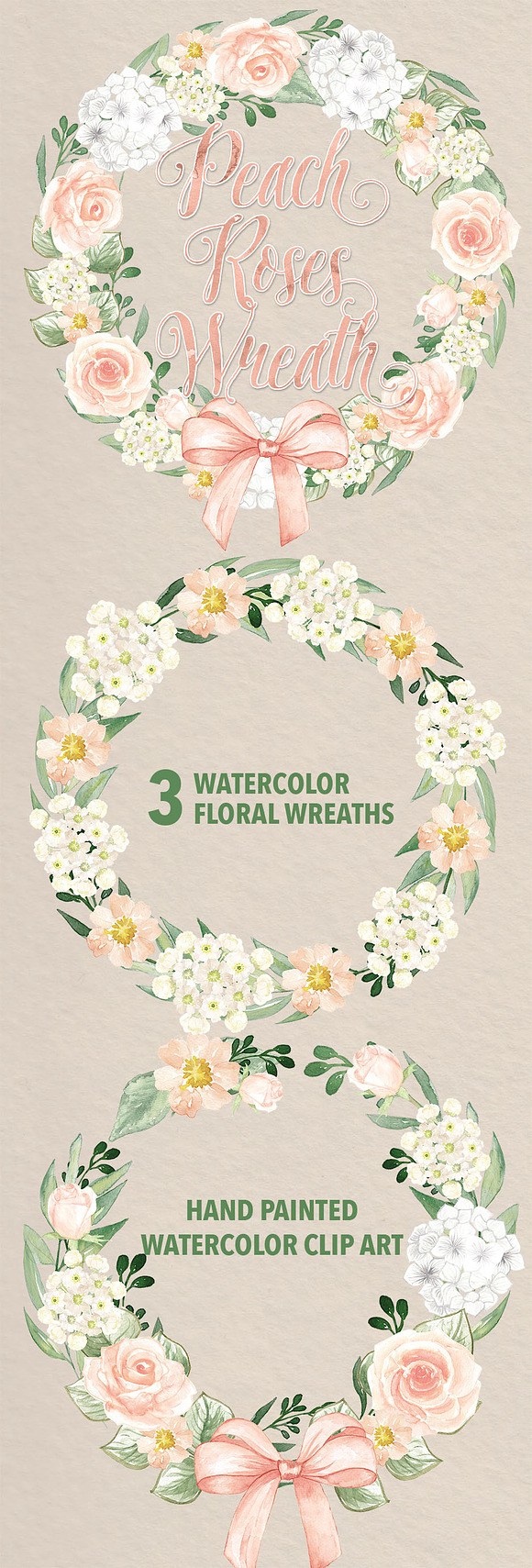 Watercolor peach roses wreaths in Illustrations - product preview 1