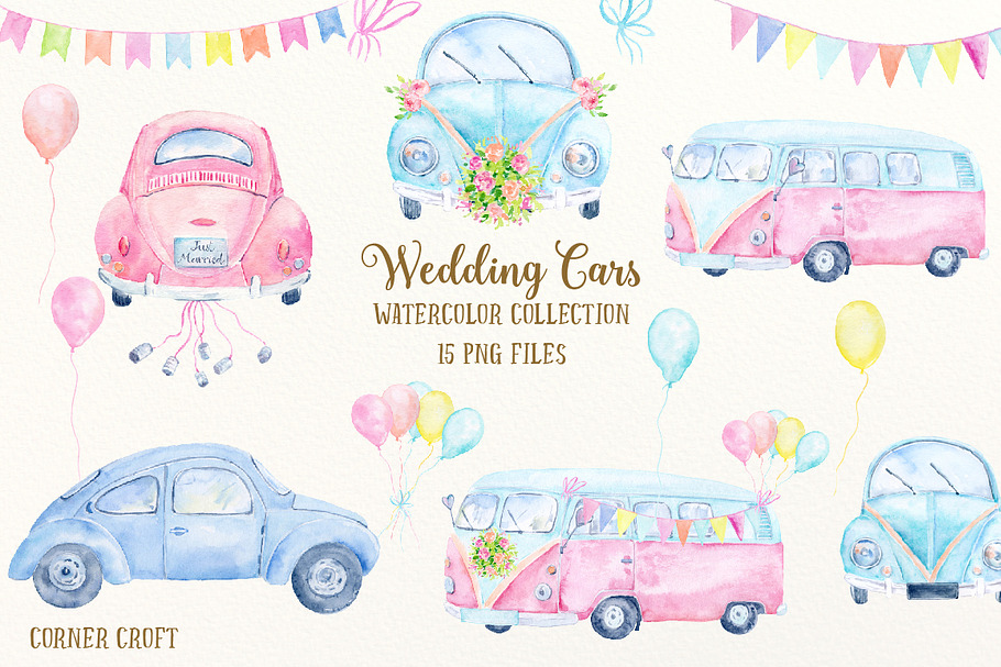 Watercolor Clipart Wedding Cars in Illustrations - product preview 8