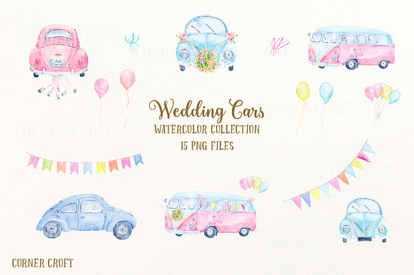 Watercolor Clipart Wedding Cars in Illustrations - product preview 1