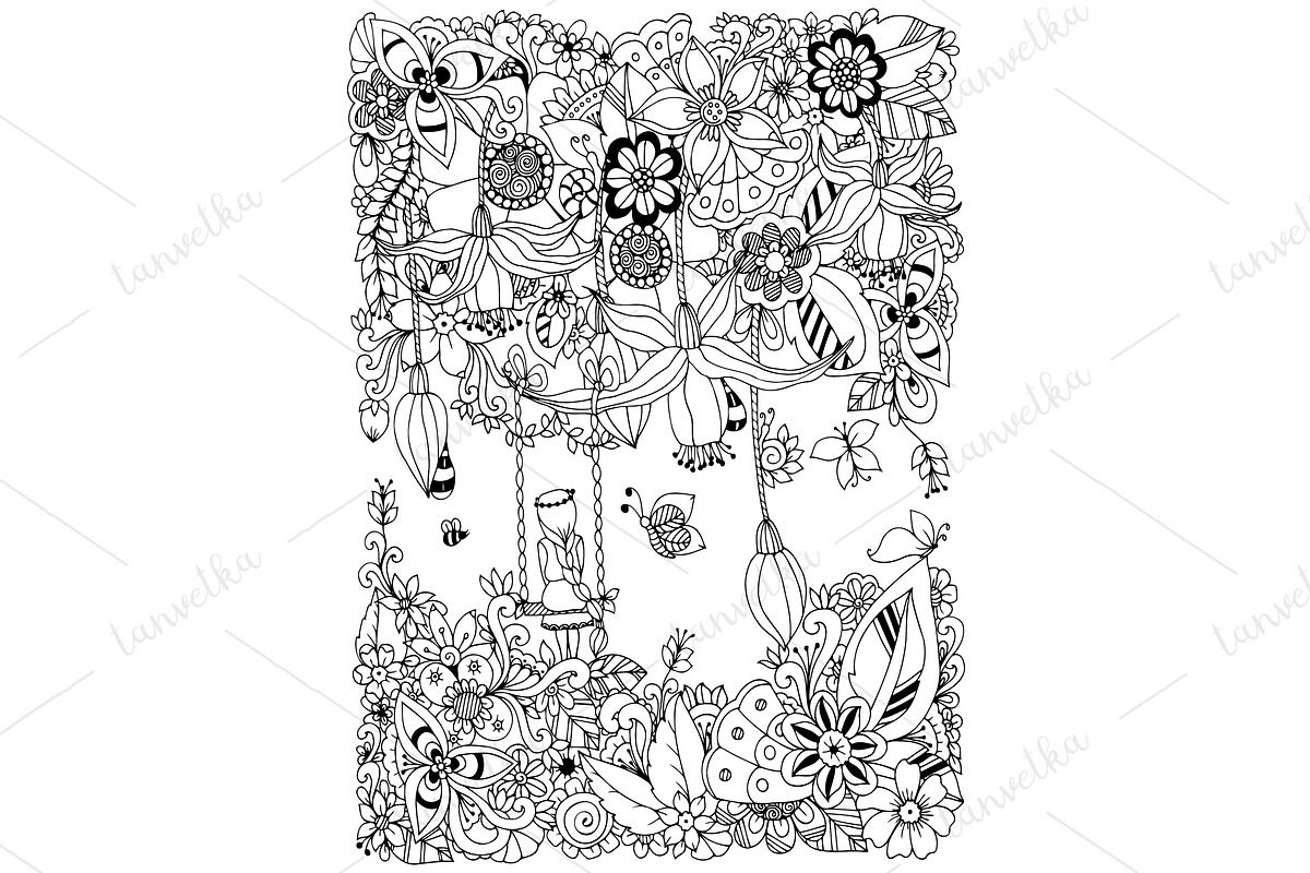 Doodle girl on a swing flowers in Illustrations - product preview 8