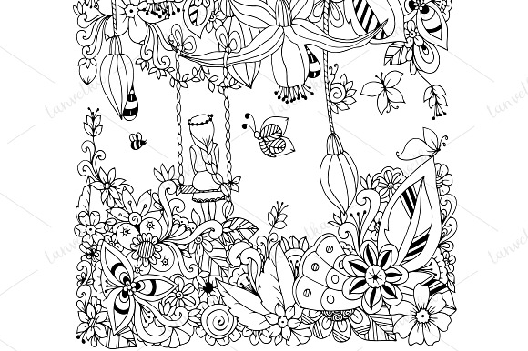 Doodle girl on a swing flowers in Illustrations - product preview 2