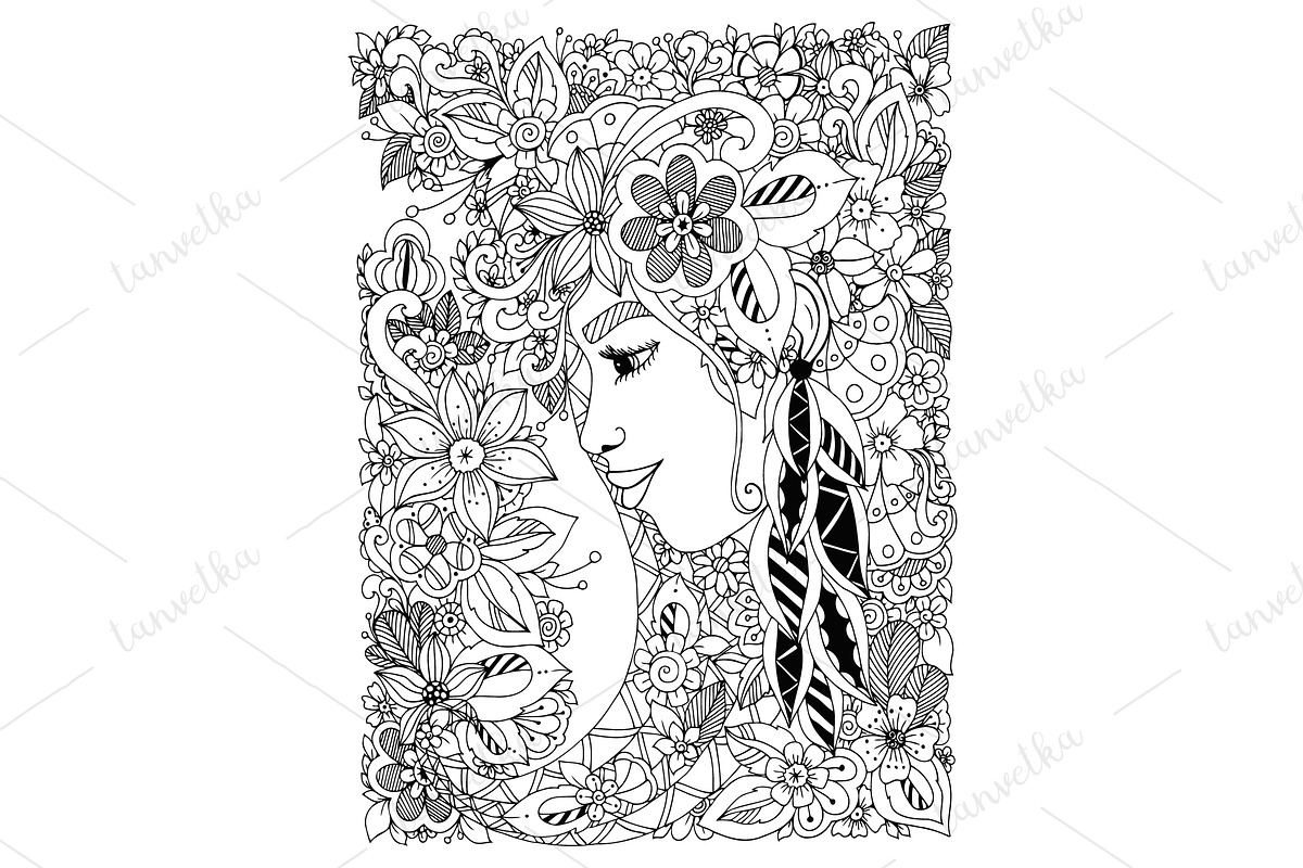 Doodle woman with flowers in hair in Illustrations - product preview 8