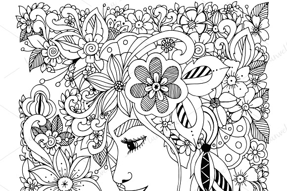 Doodle woman with flowers in hair in Illustrations - product preview 1