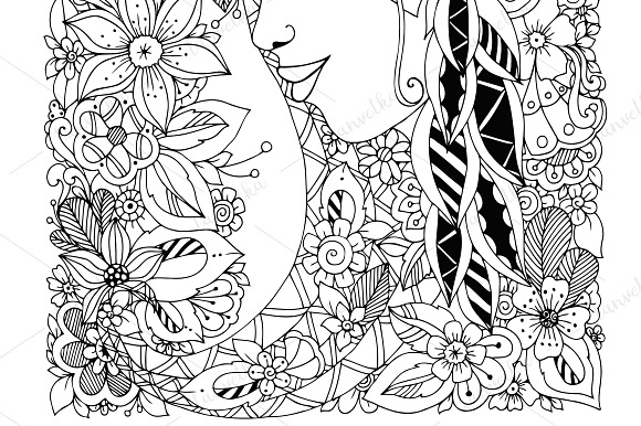 Doodle woman with flowers in hair in Illustrations - product preview 2