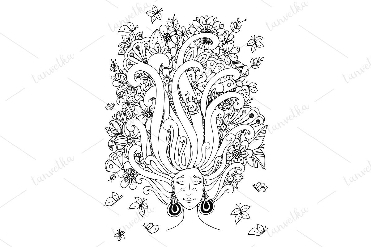 Doodle girl flowers in her hair in Illustrations - product preview 8