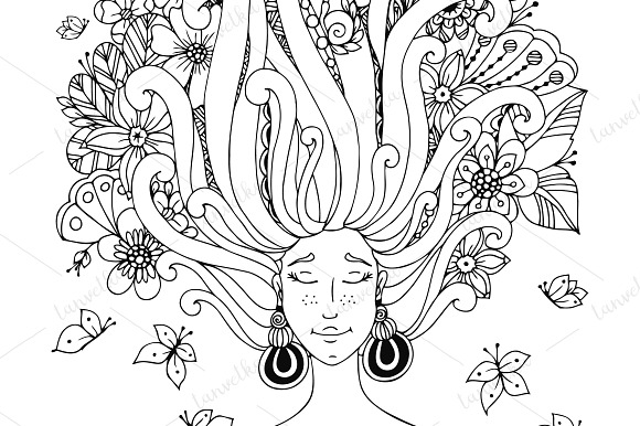 Doodle girl flowers in her hair in Illustrations - product preview 1