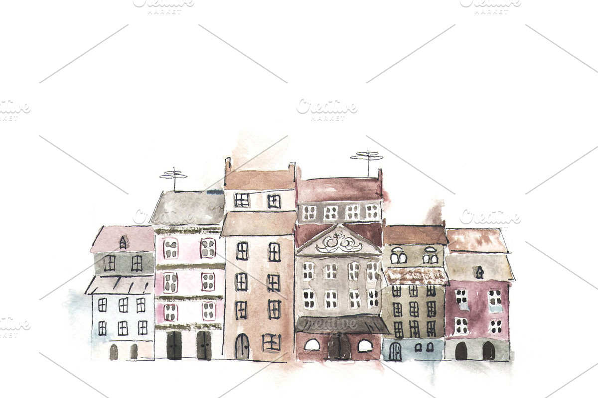 Old town painted with watercolor in Illustrations - product preview 8