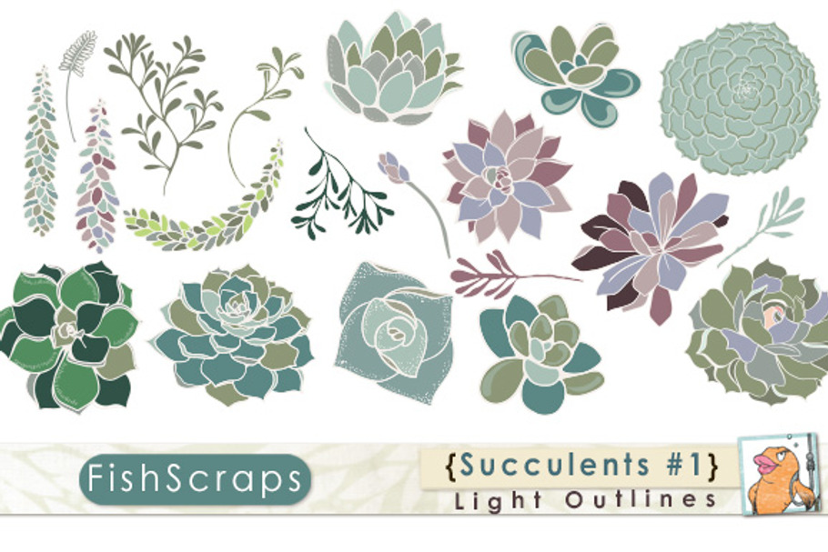 Succulents Clip Art - Light Outlines