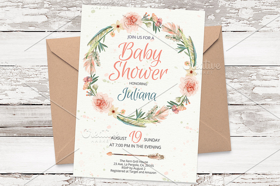 Wreath watercolor invite template 19 in Card Templates - product preview 8