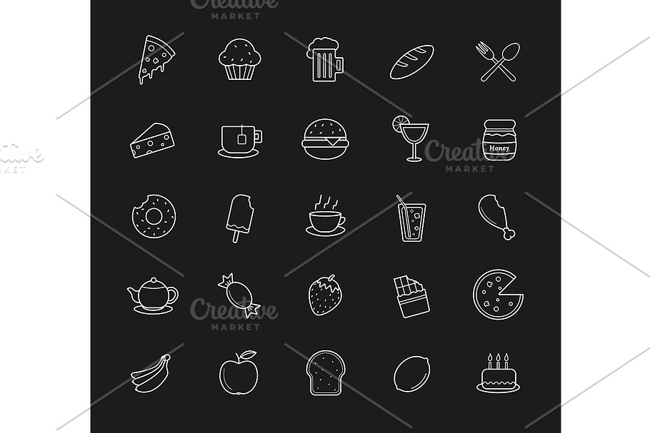 Food and drinks. 25 icons. Vector