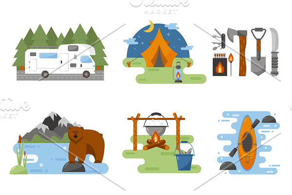 Camping equipment vector icons