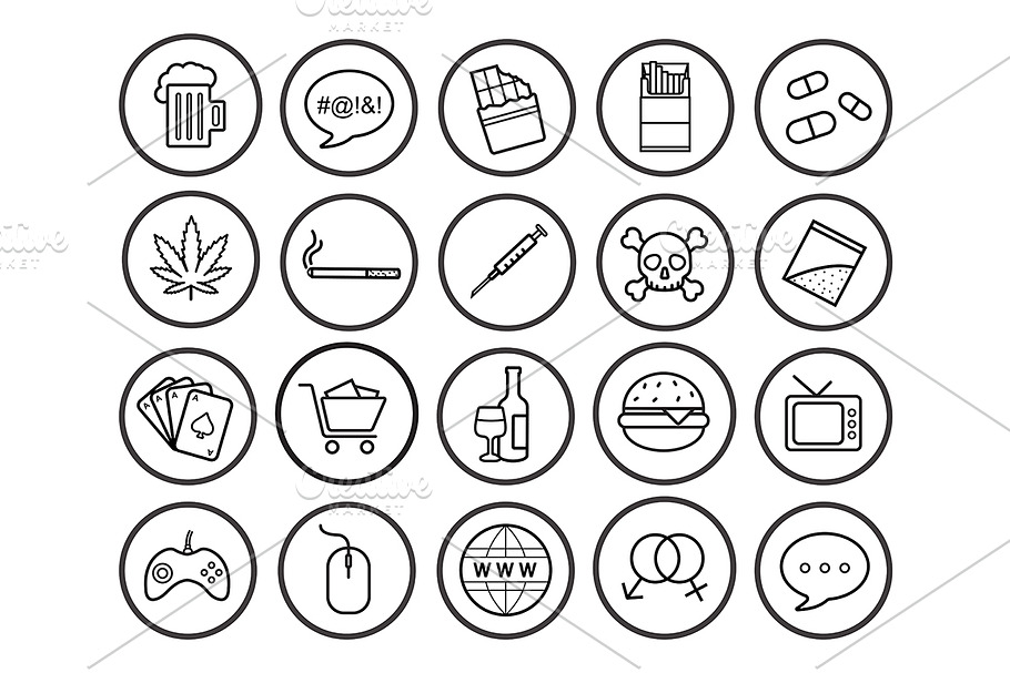 Bad habits. 20 linear icons. Vector