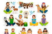 Hippie people vector icon set