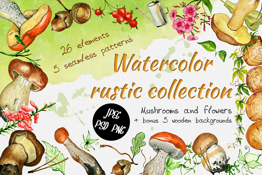 Watercolor rustic set with Mushrooms in Illustrations - product preview 8