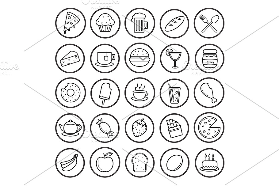 Food and drinks. 25 icons. Vector