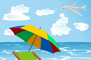 beach with umbrella, lounge chair