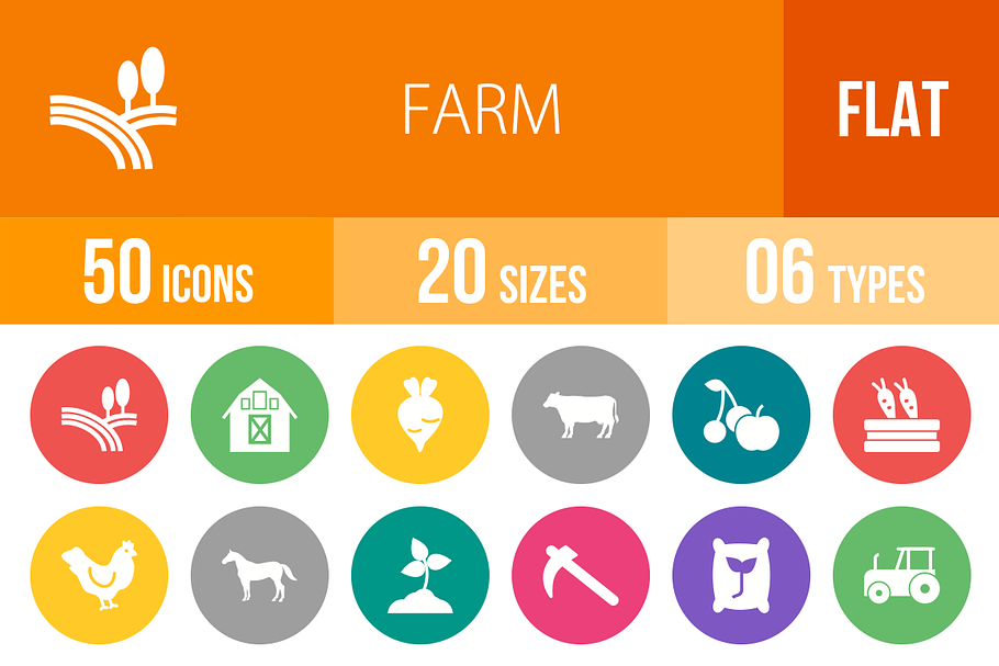 50 Farm Flat Round Icons