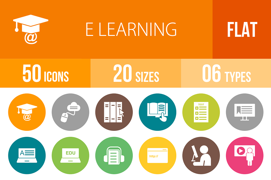 50 E Learning Flat Round Icons