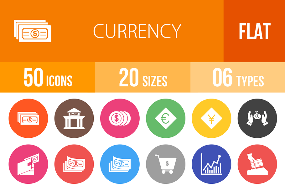 50 Currency Flat Round Icons
