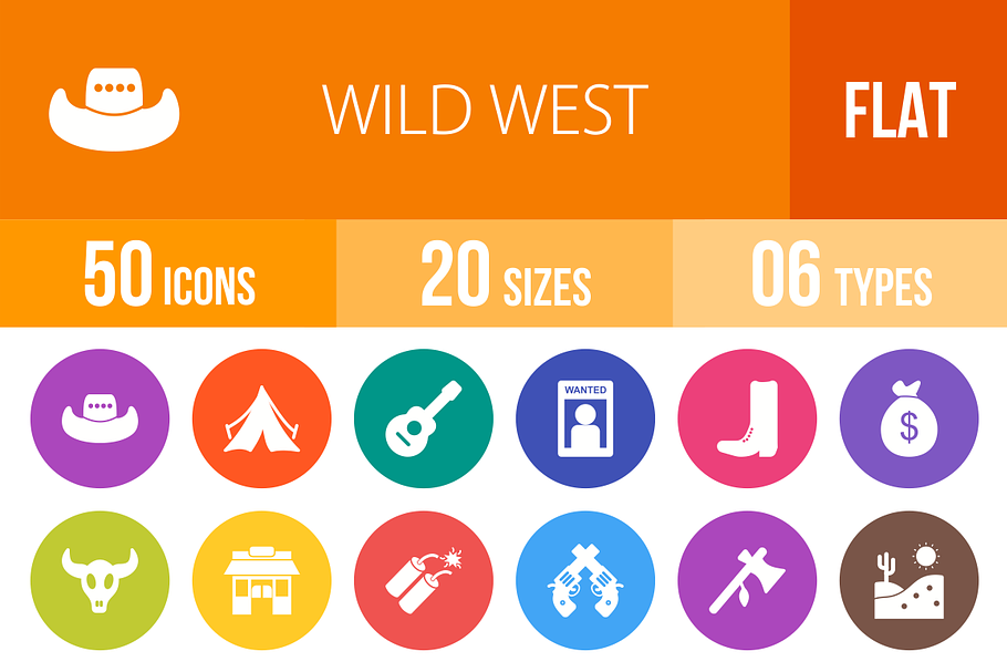 50 Wild West Flat Round Icons
