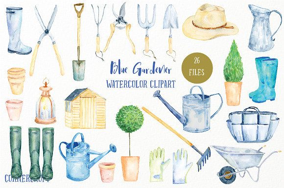Watercolor Clipart Blue Gardener in Illustrations - product preview 1