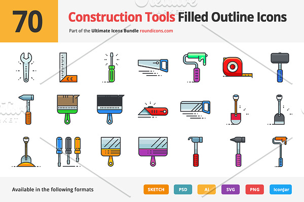 70 Construction Tools Outline Icons