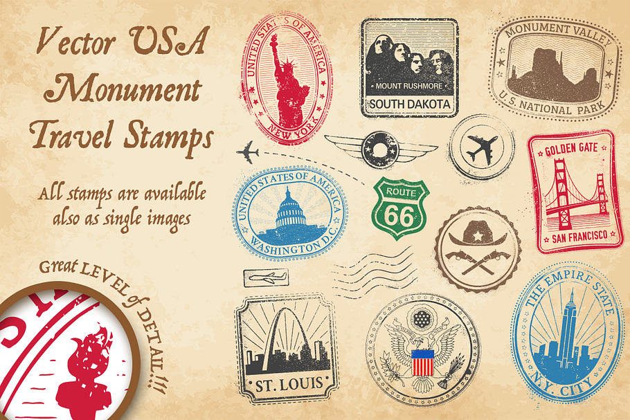 US Monument Vector Travel Stamps 3