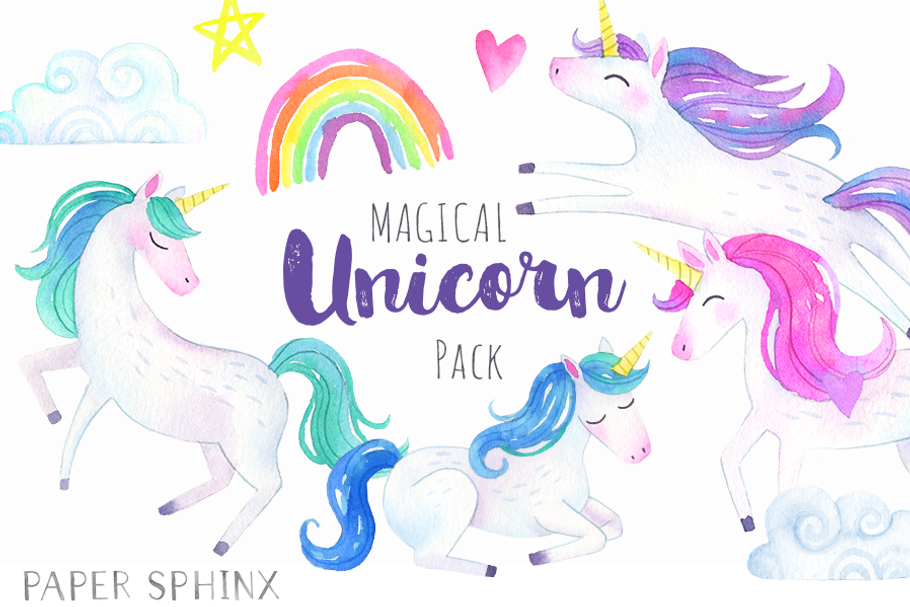 Magical Unicorns Watercolor Pack in Illustrations - product preview 8