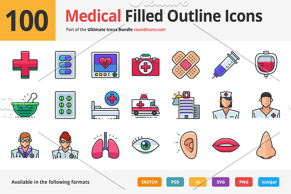 100 Medical Filled Outline Icons