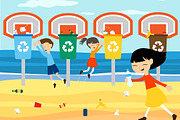 Children recycle cleaning beach