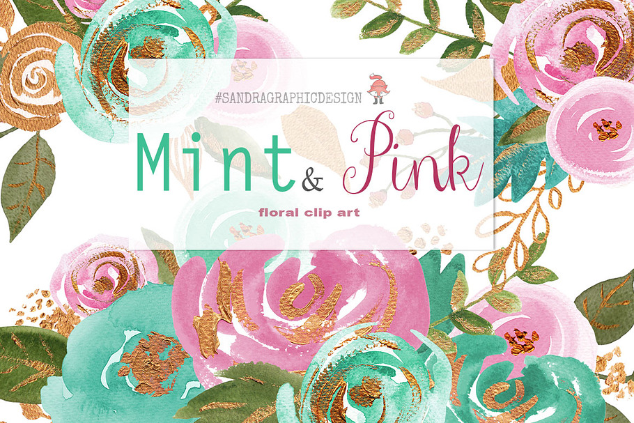 Mint and pink watercolor clipart