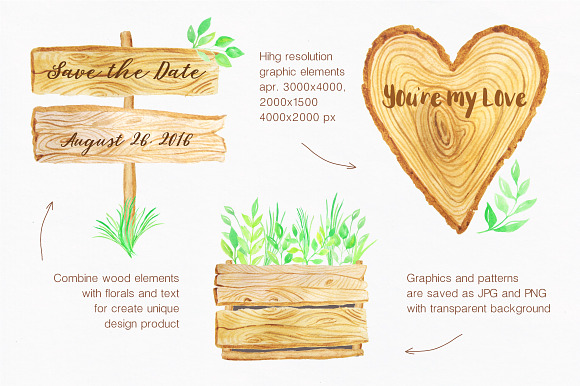 Watercolor Wooden Design Set in Illustrations - product preview 4