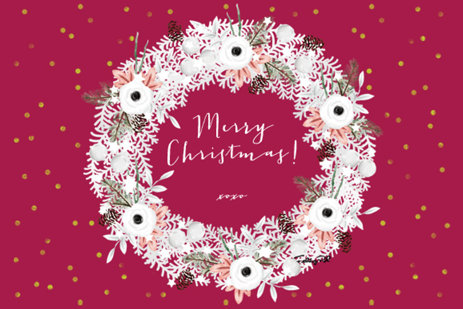 Watercolor White Christmas Wreath in Illustrations - product preview 8