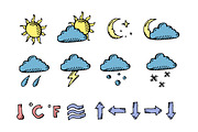 Doodle weather icons. Vector