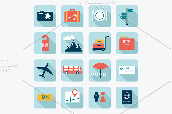 16 Flat Travel Icons in Graphics - product preview 1