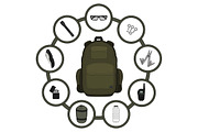 Traveler backpack contents. Vector