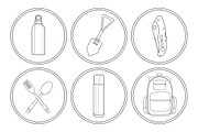 Camping. 6 linear icons. Vector